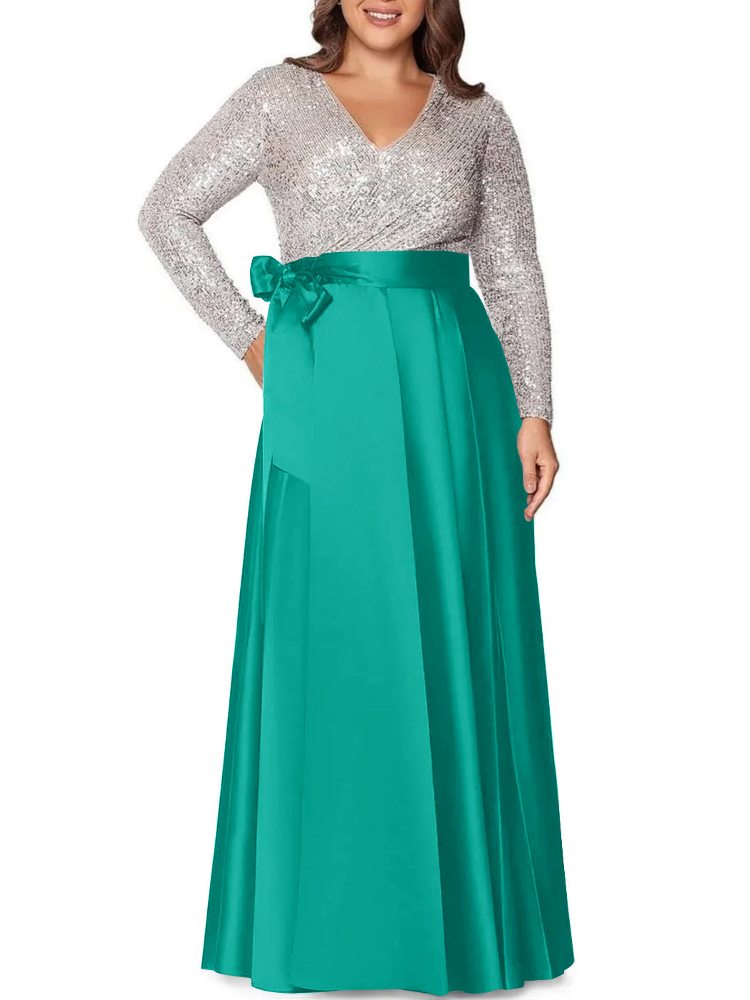 A-Line/Princess V-Neck Long Sleeves Floor-Length Plus Size Mother of the Bride Dresses With Pocket Sequins - 画像 (56)