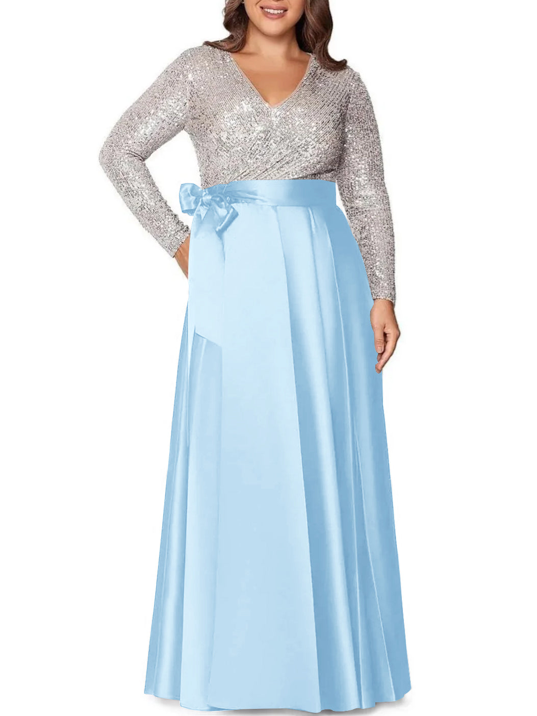 A-Line/Princess V-Neck Long Sleeves Floor-Length Plus Size Mother of the Bride Dresses With Pocket Sequins - 画像 (30)