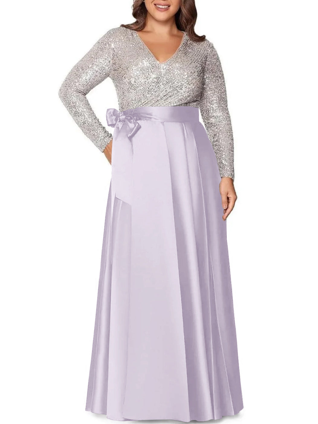 A-Line/Princess V-Neck Long Sleeves Floor-Length Plus Size Mother of the Bride Dresses With Pocket Sequins - 画像 (31)