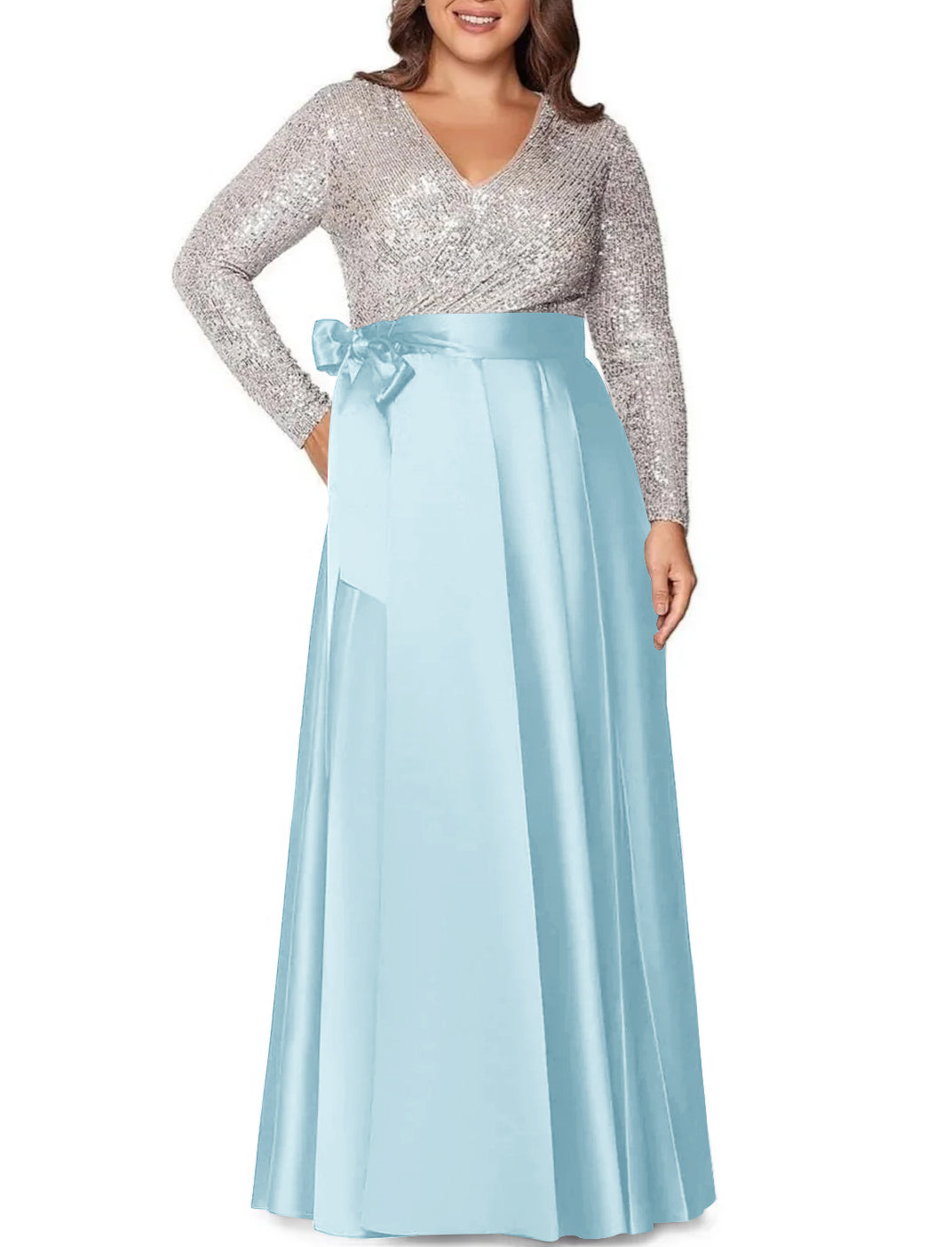 A-Line/Princess V-Neck Long Sleeves Floor-Length Plus Size Mother of the Bride Dresses With Pocket Sequins - 画像 (32)