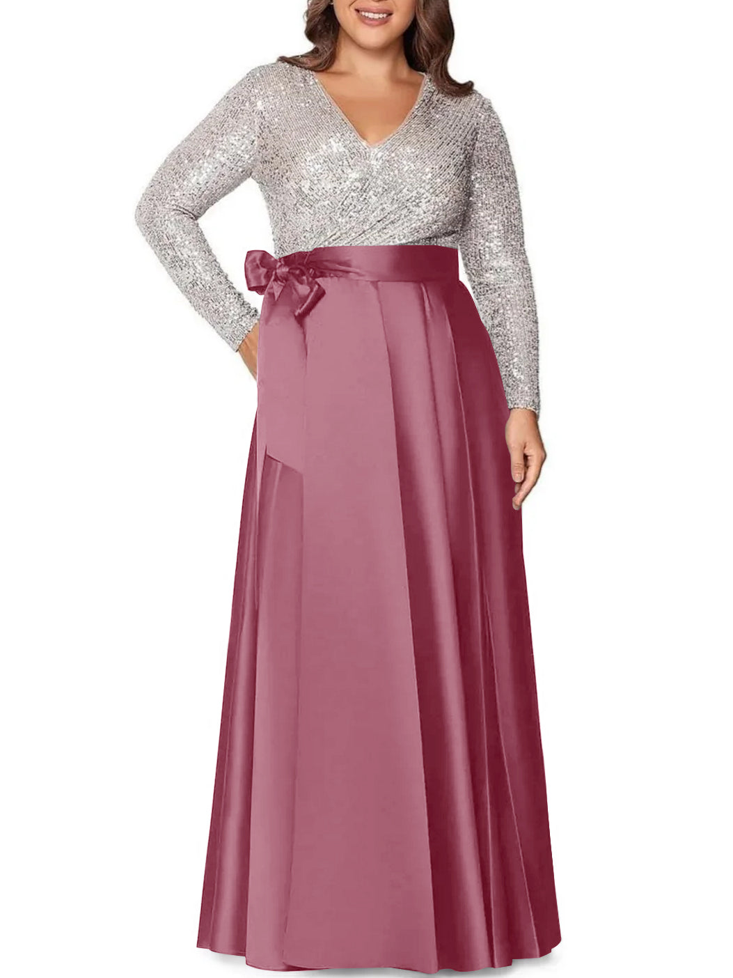 A-Line/Princess V-Neck Long Sleeves Floor-Length Plus Size Mother of the Bride Dresses With Pocket Sequins - 画像 (33)
