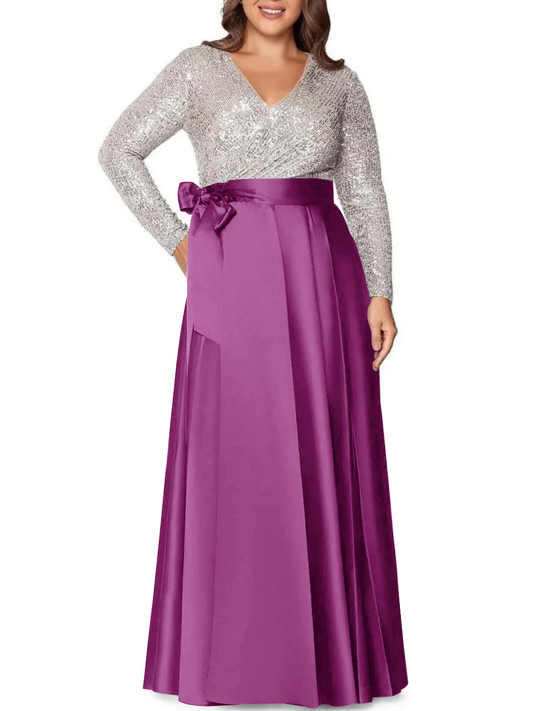 A-Line/Princess V-Neck Long Sleeves Floor-Length Plus Size Mother of the Bride Dresses With Pocket Sequins - 画像 (35)