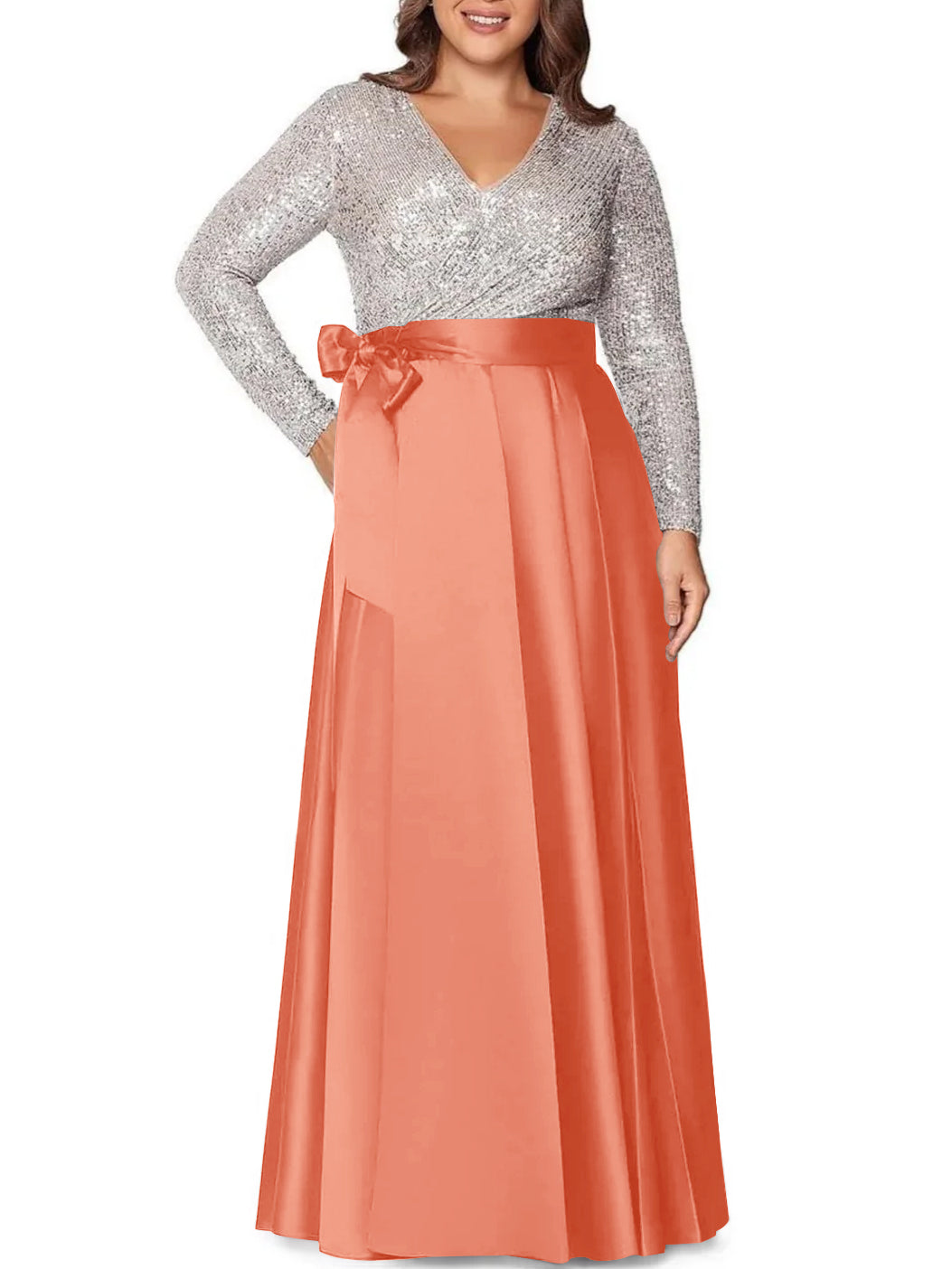 A-Line/Princess V-Neck Long Sleeves Floor-Length Plus Size Mother of the Bride Dresses With Pocket Sequins - 画像 (36)