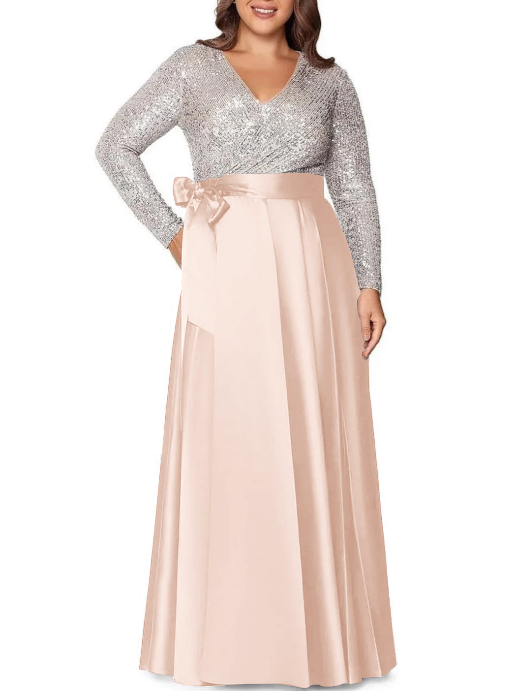 A-Line/Princess V-Neck Long Sleeves Floor-Length Plus Size Mother of the Bride Dresses With Pocket Sequins - 画像 (37)
