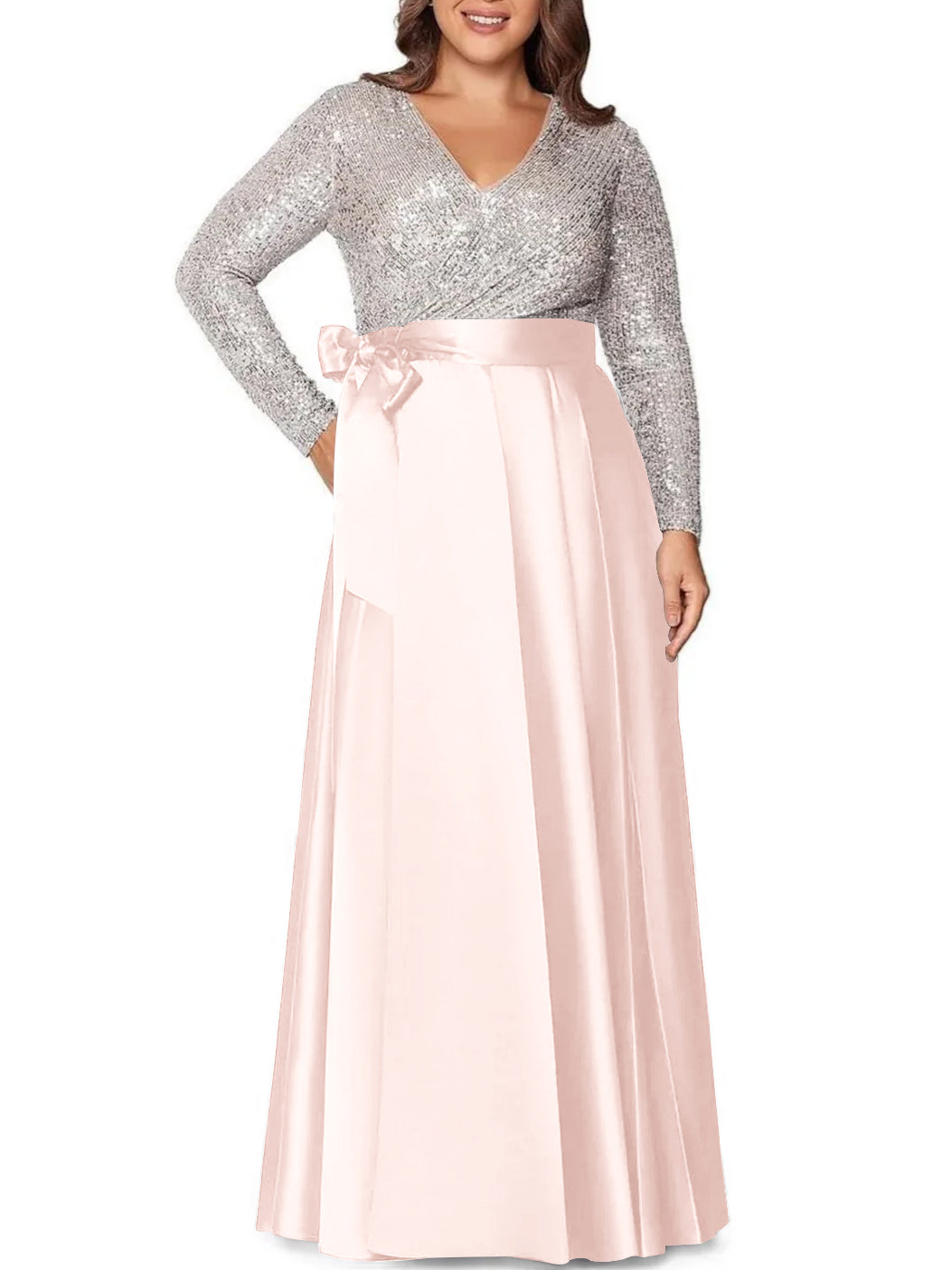 A-Line/Princess V-Neck Long Sleeves Floor-Length Plus Size Mother of the Bride Dresses With Pocket Sequins - 画像 (38)