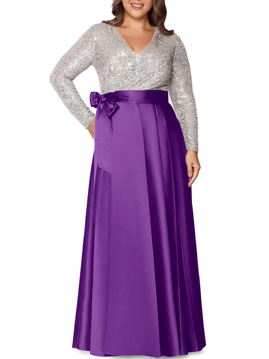 A-Line/Princess V-Neck Long Sleeves Floor-Length Plus Size Mother of the Bride Dresses With Pocket Sequins - 画像 (39)