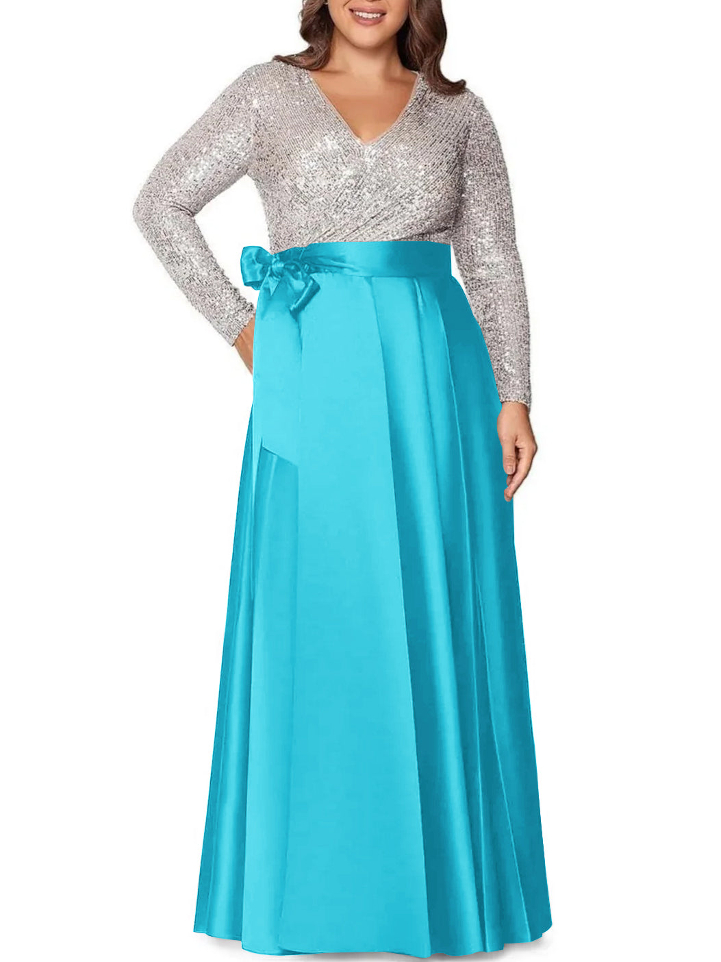 A-Line/Princess V-Neck Long Sleeves Floor-Length Plus Size Mother of the Bride Dresses With Pocket Sequins - 画像 (40)