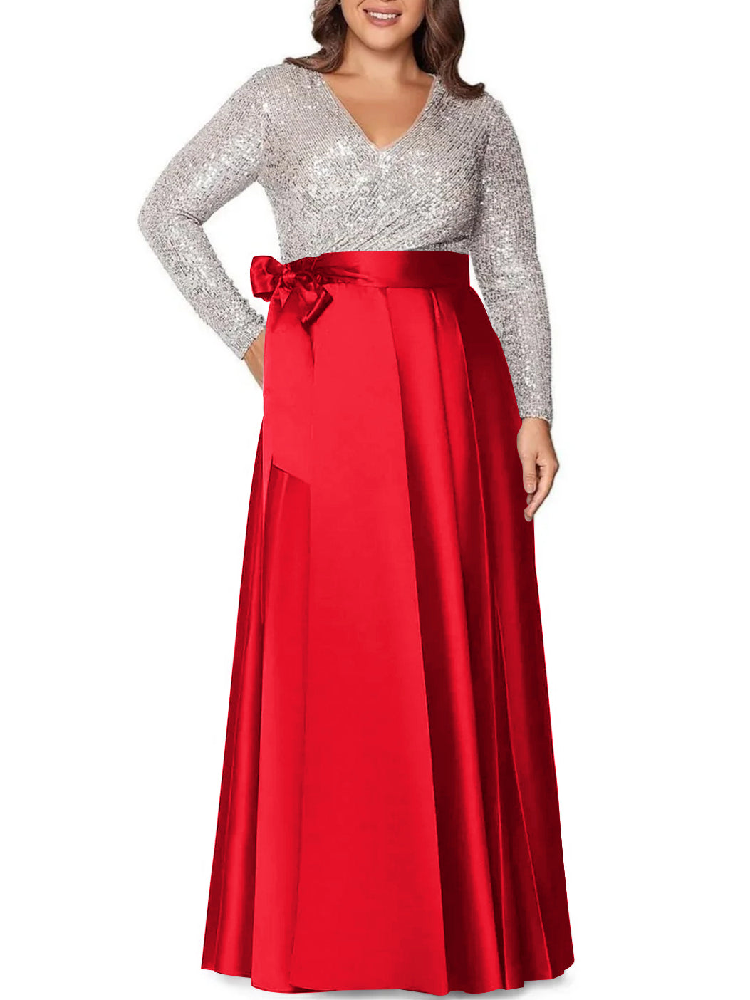 A-Line/Princess V-Neck Long Sleeves Floor-Length Plus Size Mother of the Bride Dresses With Pocket Sequins - 画像 (41)