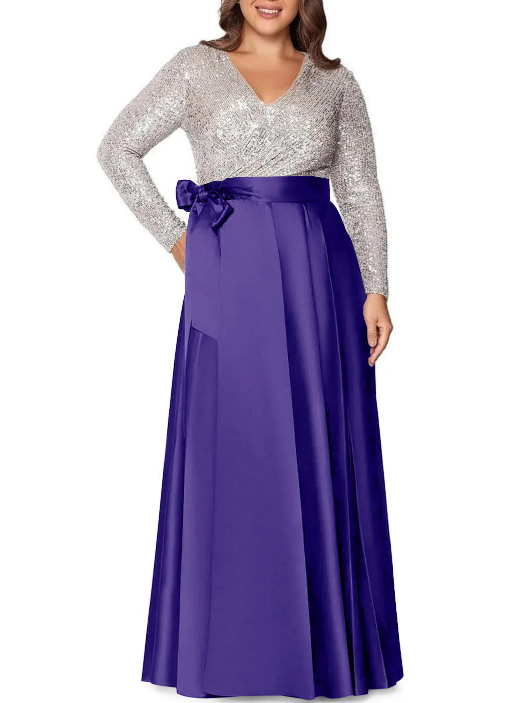 A-Line/Princess V-Neck Long Sleeves Floor-Length Plus Size Mother of the Bride Dresses With Pocket Sequins - 画像 (42)