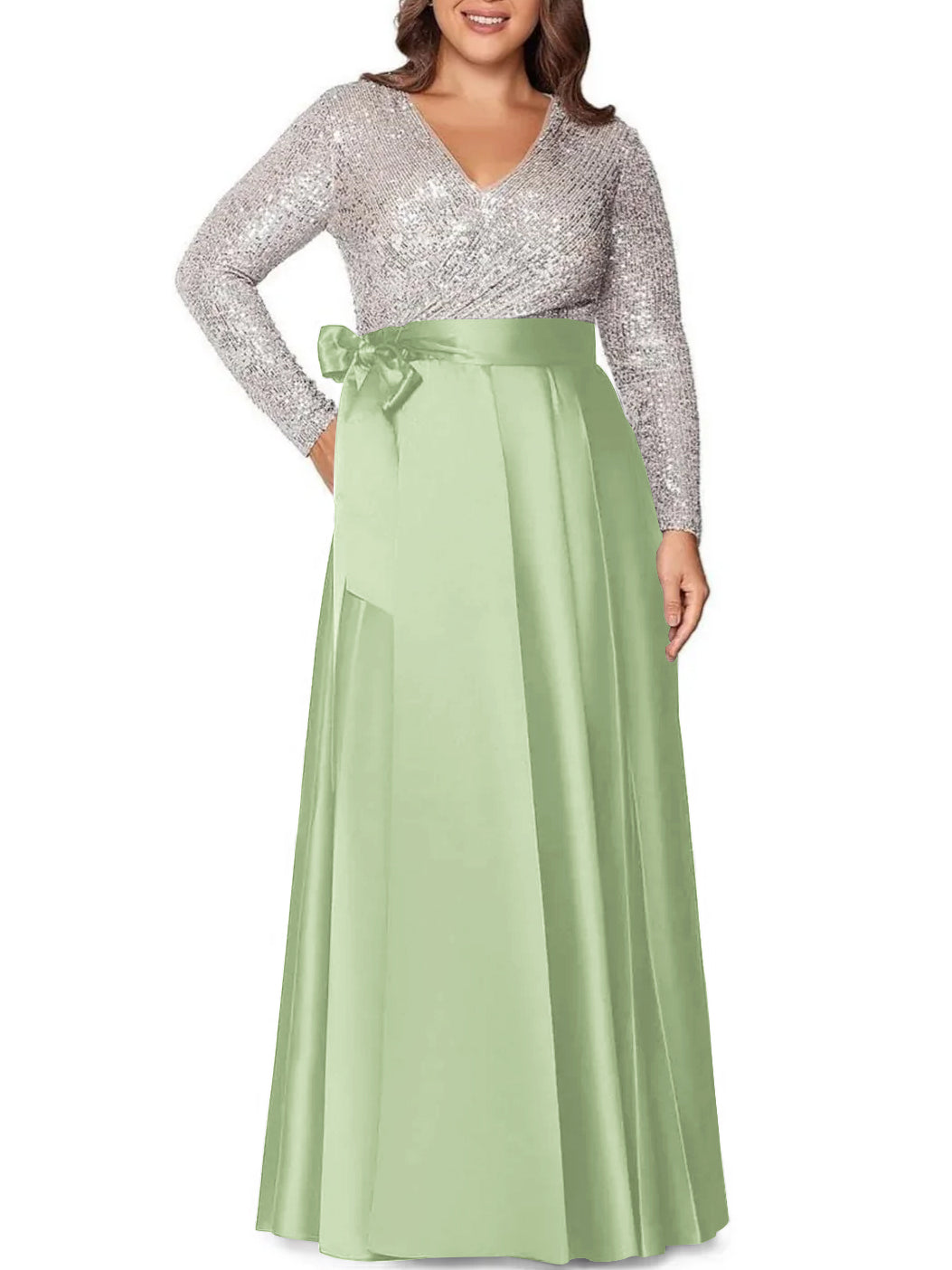 A-Line/Princess V-Neck Long Sleeves Floor-Length Plus Size Mother of the Bride Dresses With Pocket Sequins - 画像 (44)