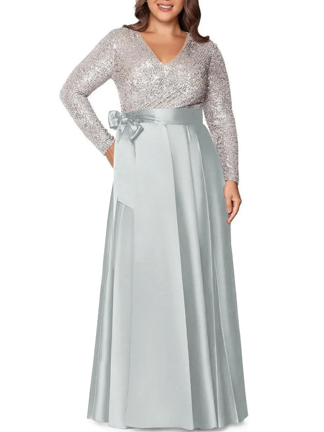 A-Line/Princess V-Neck Long Sleeves Floor-Length Plus Size Mother of the Bride Dresses With Pocket Sequins - 画像 (45)