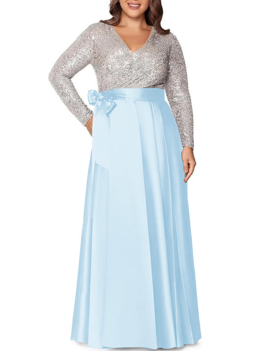 A-Line/Princess V-Neck Long Sleeves Floor-Length Plus Size Mother of the Bride Dresses With Pocket Sequins - 画像 (46)