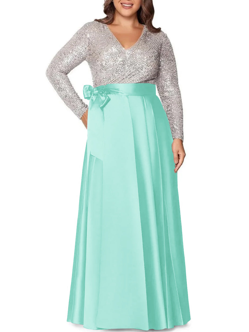 A-Line/Princess V-Neck Long Sleeves Floor-Length Plus Size Mother of the Bride Dresses With Pocket Sequins - 画像 (47)
