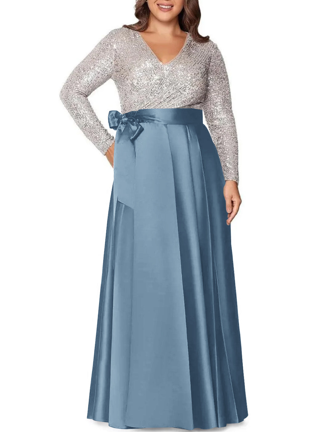 A-Line/Princess V-Neck Long Sleeves Floor-Length Plus Size Mother of the Bride Dresses With Pocket Sequins - 画像 (48)