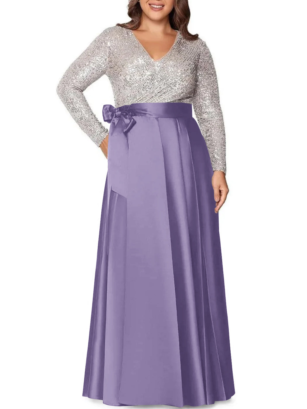 A-Line/Princess V-Neck Long Sleeves Floor-Length Plus Size Mother of the Bride Dresses With Pocket Sequins - 画像 (49)