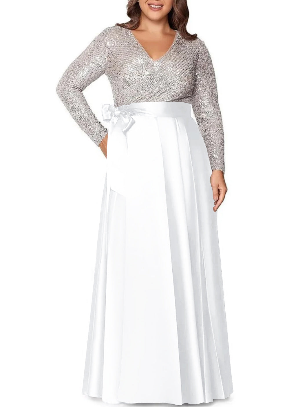 A-Line/Princess V-Neck Long Sleeves Floor-Length Plus Size Mother of the Bride Dresses With Pocket Sequins - 画像 (52)