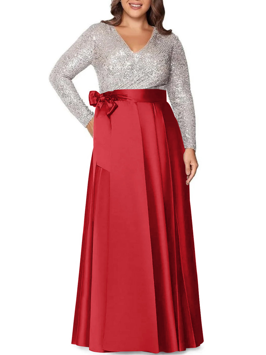 A-Line/Princess V-Neck Long Sleeves Floor-Length Plus Size Mother of the Bride Dresses With Pocket Sequins - 画像 (53)