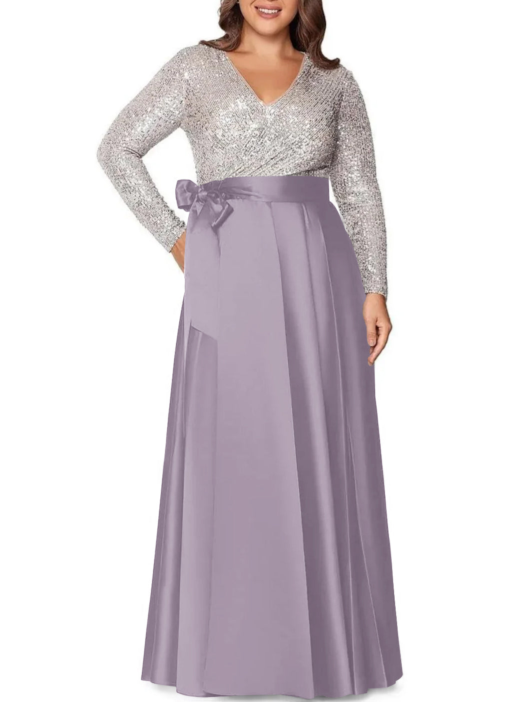 A-Line/Princess V-Neck Long Sleeves Floor-Length Plus Size Mother of the Bride Dresses With Pocket Sequins - 画像 (54)