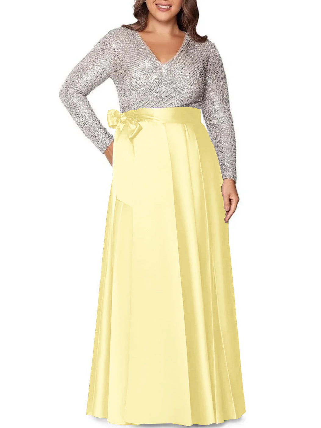A-Line/Princess V-Neck Long Sleeves Floor-Length Plus Size Mother of the Bride Dresses With Pocket Sequins - 画像 (55)