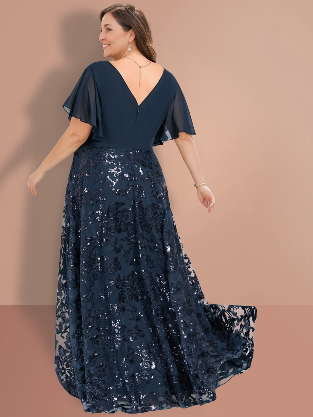 A-Line/Princess V-Neck Short Sleeves Floor-Length Plus Size Mother Of The Bride Dresses with Sequins - 이미지 2