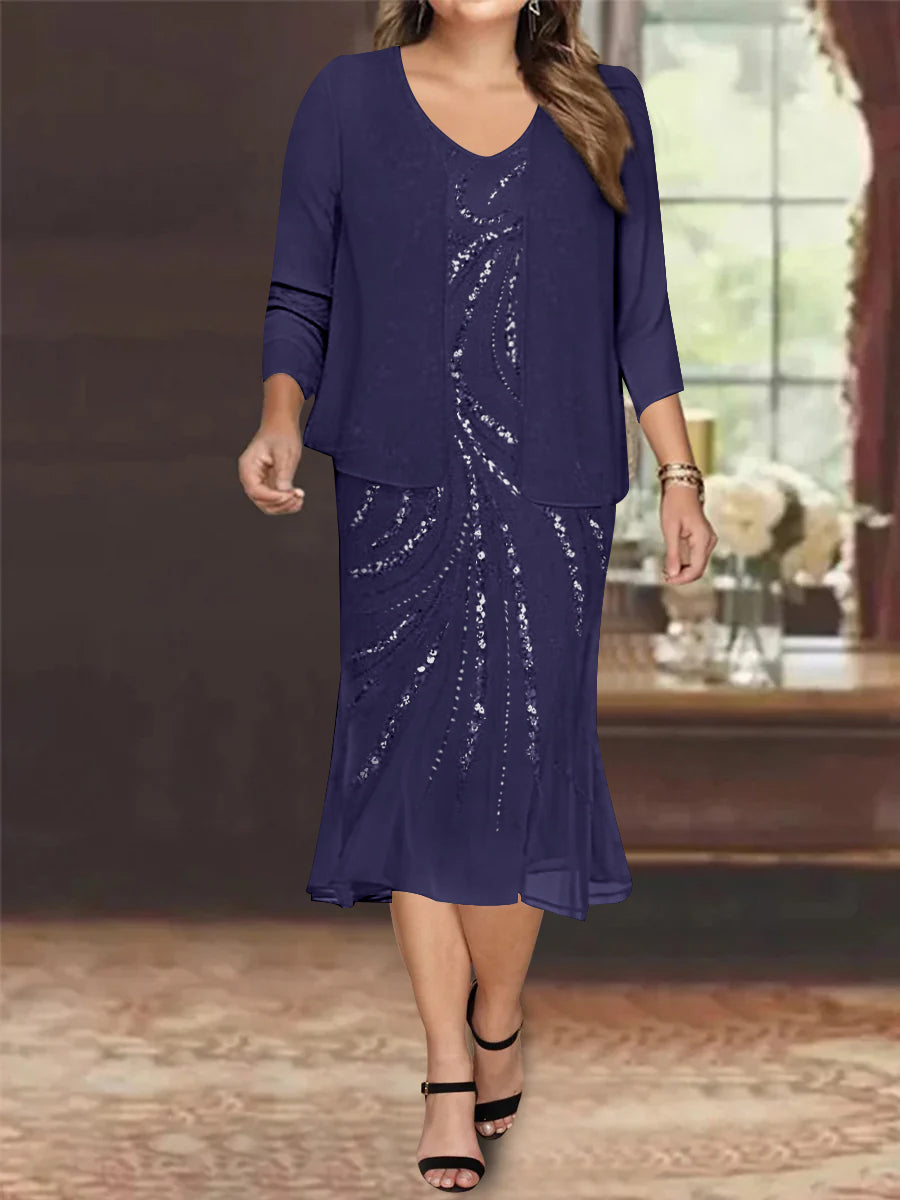 Chiffon 2 Pieces V-Neck Knee-Length Plus Size Mother of the Bride Dresses with Jacket & Sequins Beading - 画像 (41)