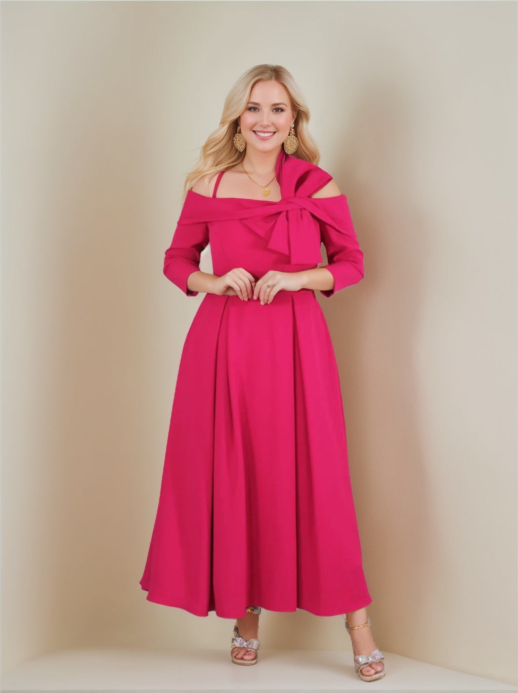 A-Line/Princess  3/4 Length Sleeves Off-the-Shoulder Ankle-Length Mother of the Bride Dresses with Bow(s)