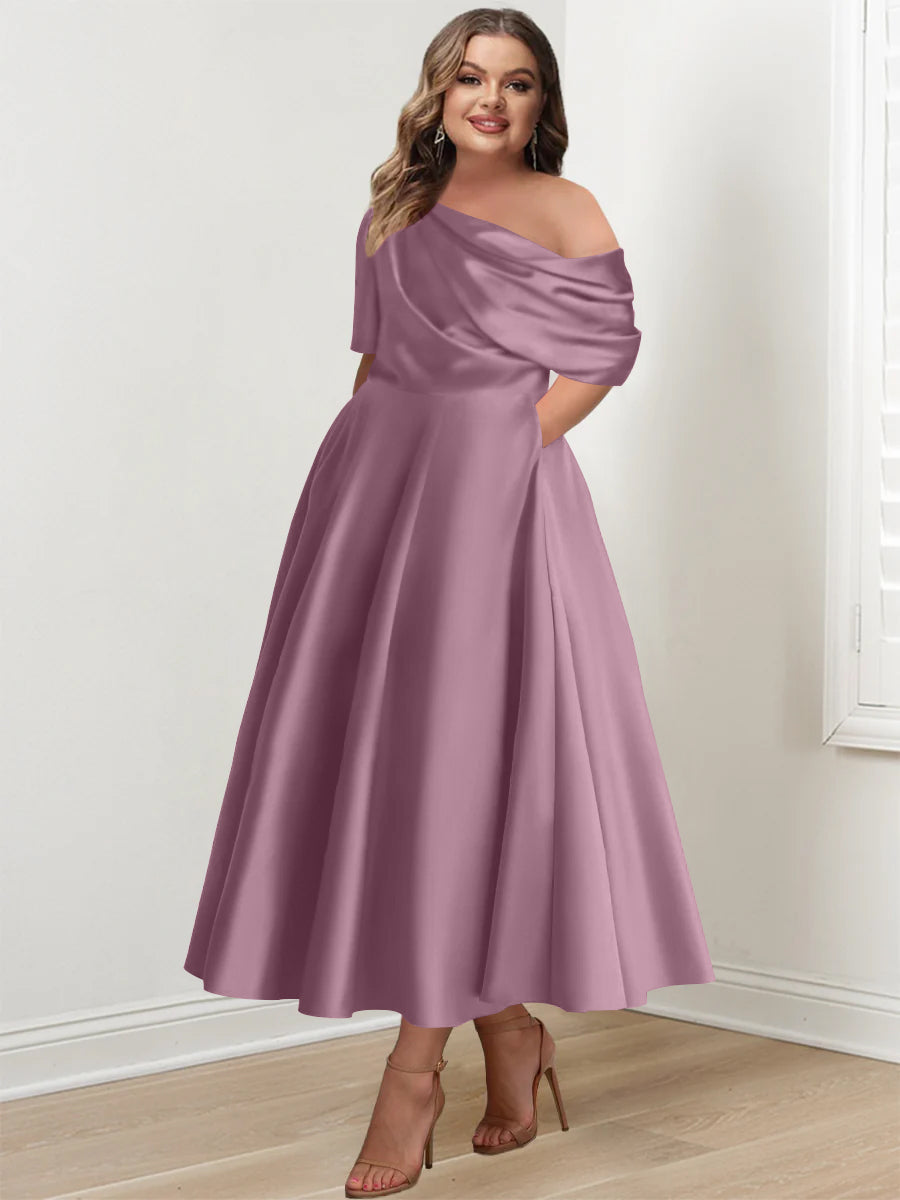 A-Line/Princess One-shoulder Half Sleeve Ankle-Length Plus Size Mother of the Bride Dresses with Ruffles - 画像 (17)