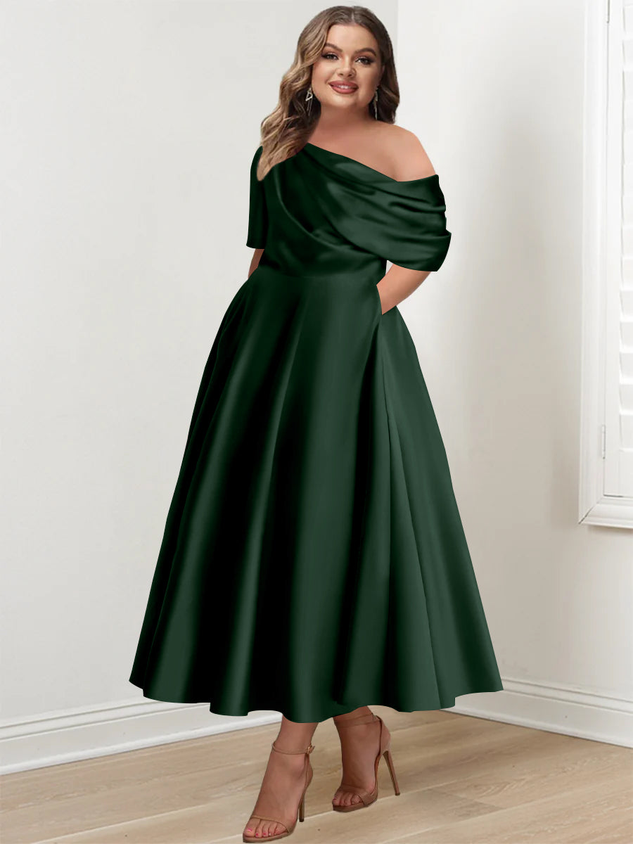 A-Line/Princess One-shoulder Half Sleeve Ankle-Length Plus Size Mother of the Bride Dresses with Ruffles - 画像 (22)