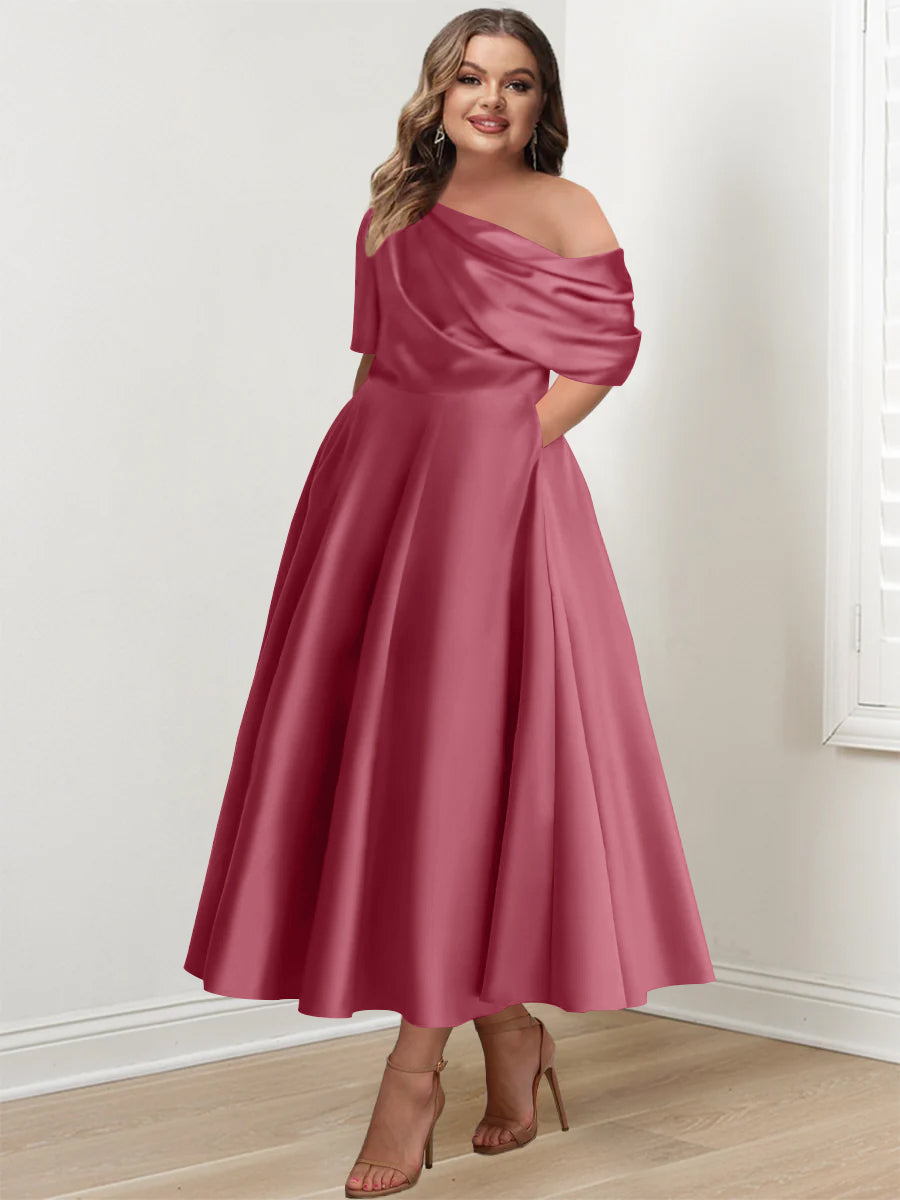 A-Line/Princess One-shoulder Half Sleeve Ankle-Length Plus Size Mother of the Bride Dresses with Ruffles - 画像 (27)