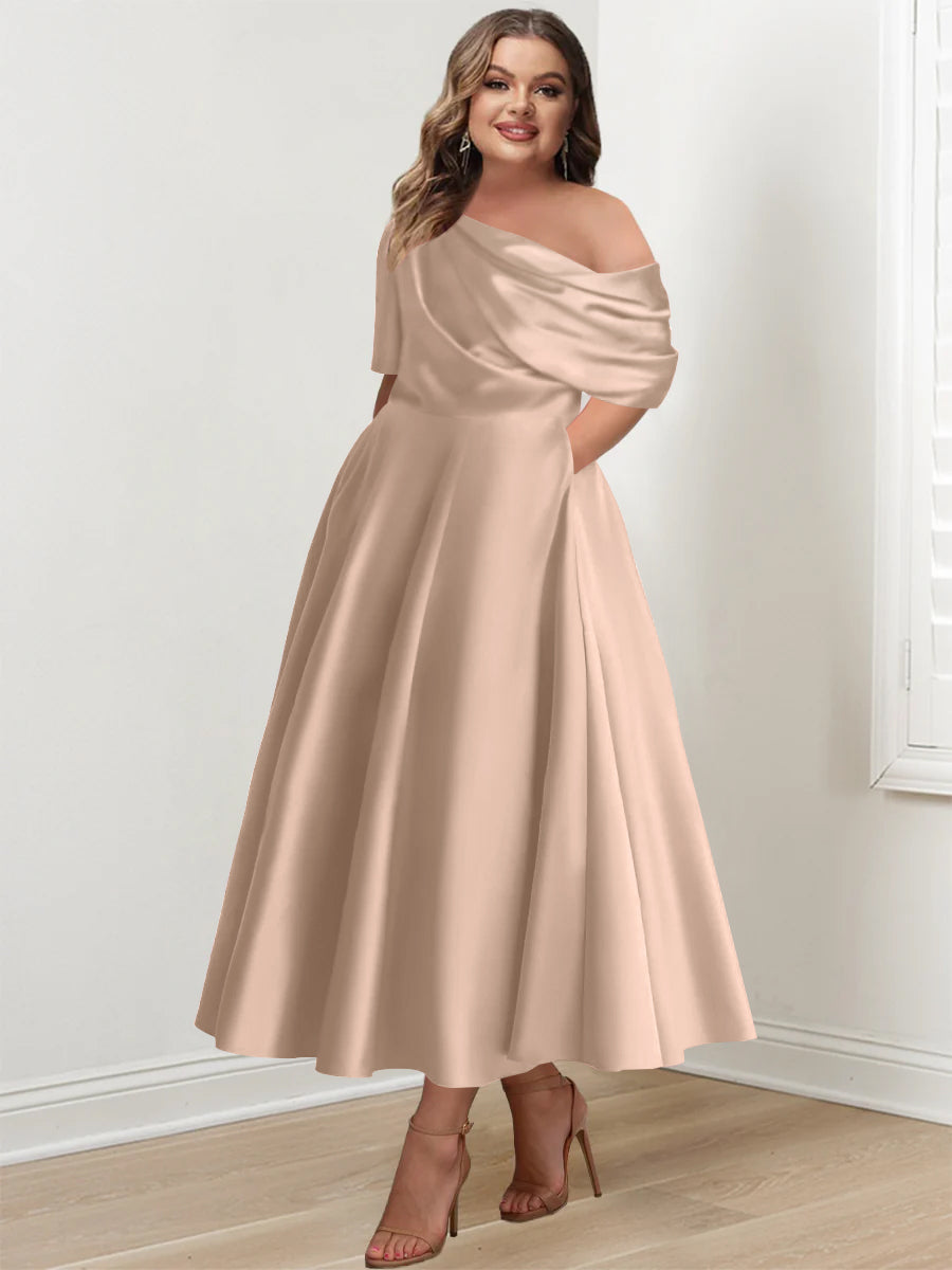 A-Line/Princess One-shoulder Half Sleeve Ankle-Length Plus Size Mother of the Bride Dresses with Ruffles - 画像 (32)