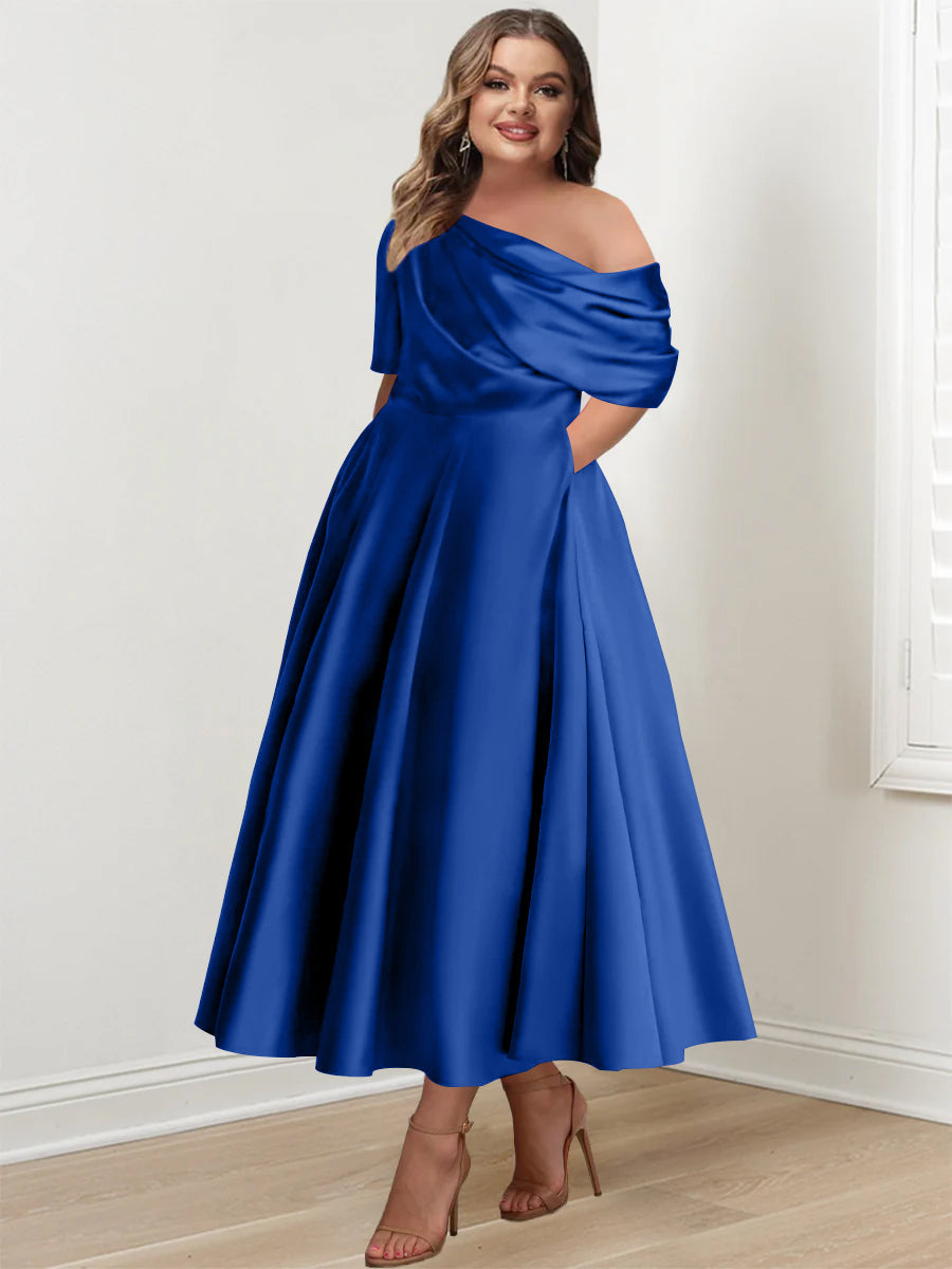 A-Line/Princess One-shoulder Half Sleeve Ankle-Length Plus Size Mother of the Bride Dresses with Ruffles - 画像 (37)