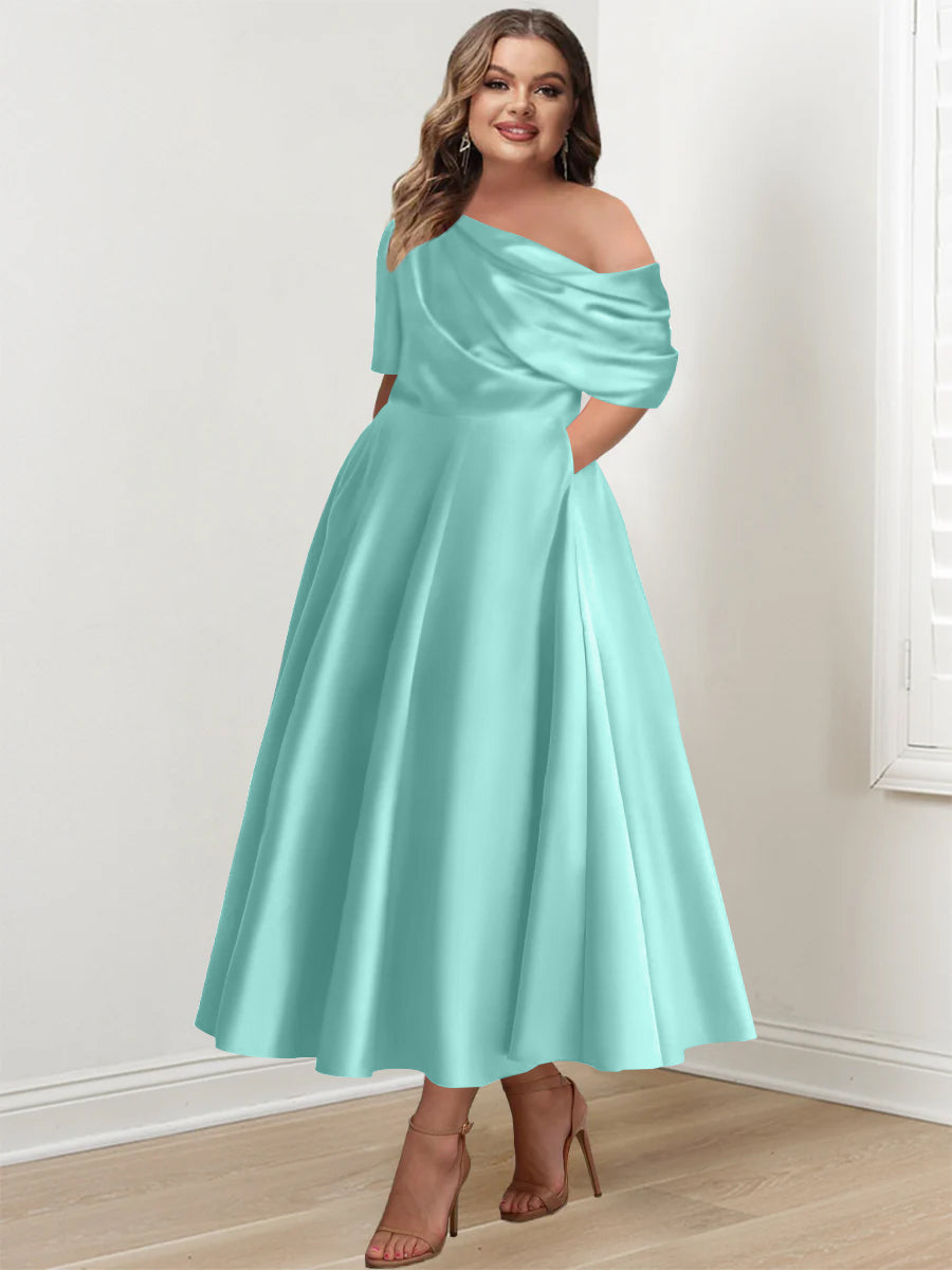 A-Line/Princess One-shoulder Half Sleeve Ankle-Length Plus Size Mother of the Bride Dresses with Ruffles - 画像 (41)