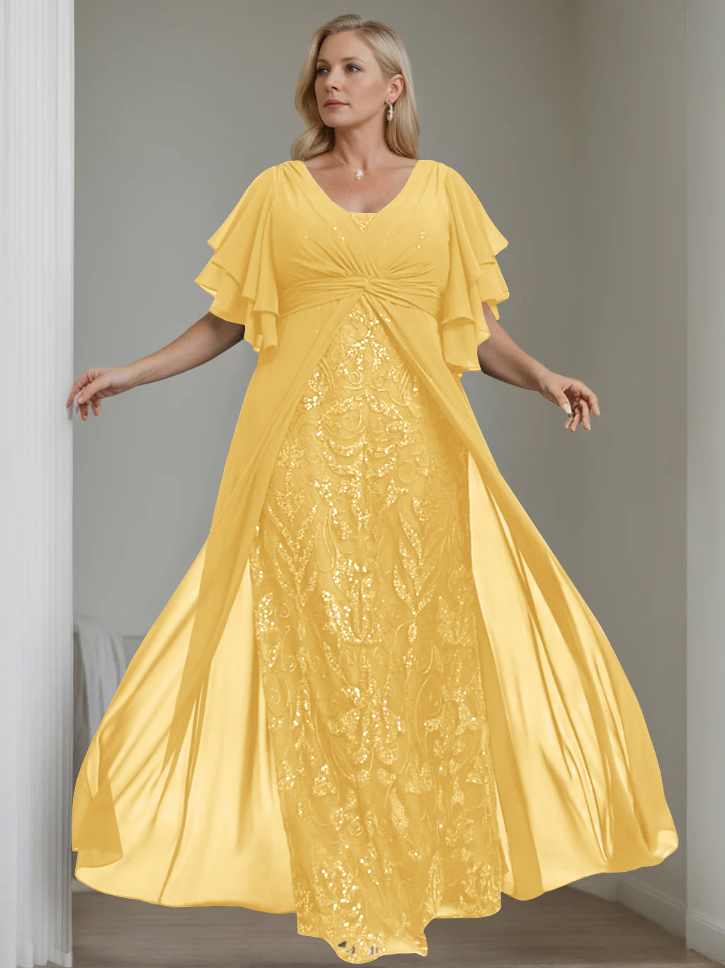 A-Line/Princess V-Neck Half Sleeves Floor-Length Plus Size Mother of the Bride Dresses with Pleated - Image 24