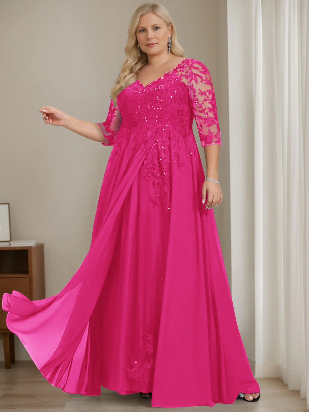 A-Line/Princess V-Neck Half Sleeves Floor-Length Plus Size Mother of the Bride Dresses with Sequins - Image 35