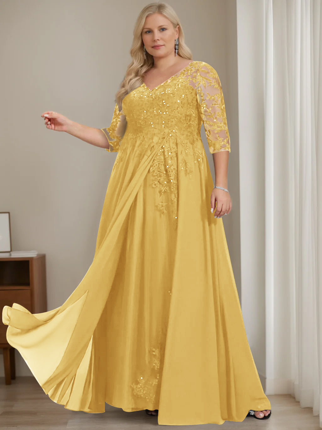 A-Line/Princess V-Neck Half Sleeves Floor-Length Plus Size Mother of the Bride Dresses with Sequins - Image 36
