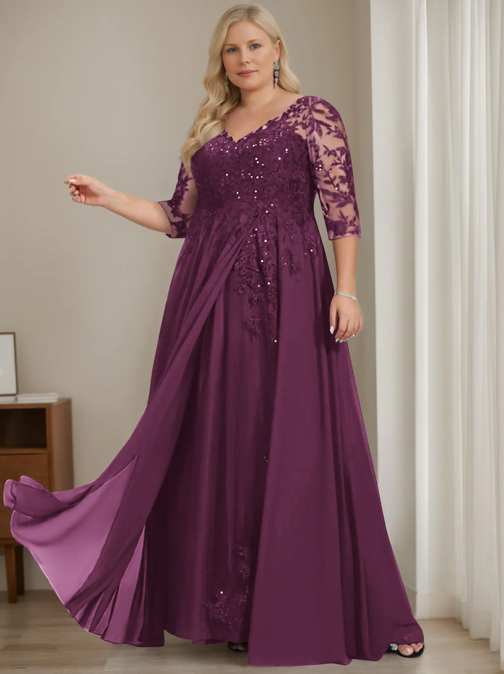 A-Line/Princess V-Neck Half Sleeves Floor-Length Plus Size Mother of the Bride Dresses with Sequins - Image 37