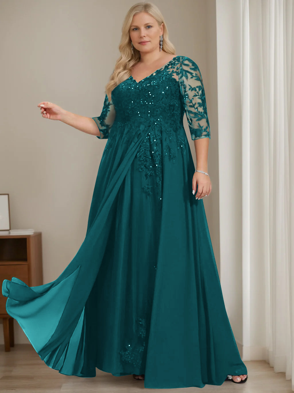A-Line/Princess V-Neck Half Sleeves Floor-Length Plus Size Mother of the Bride Dresses with Sequins - Image 38