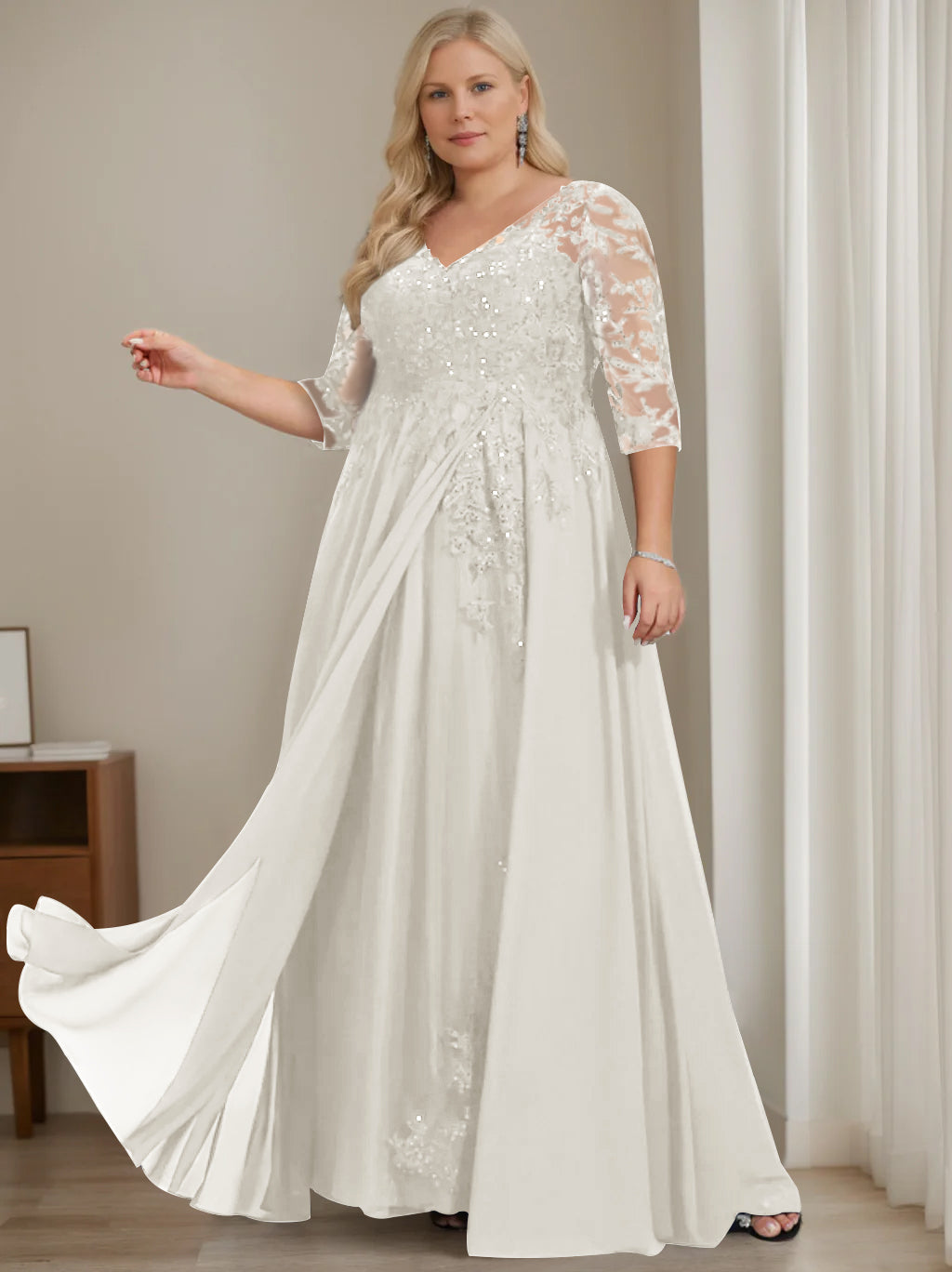 A-Line/Princess V-Neck Half Sleeves Floor-Length Plus Size Mother of the Bride Dresses with Sequins - Image 11