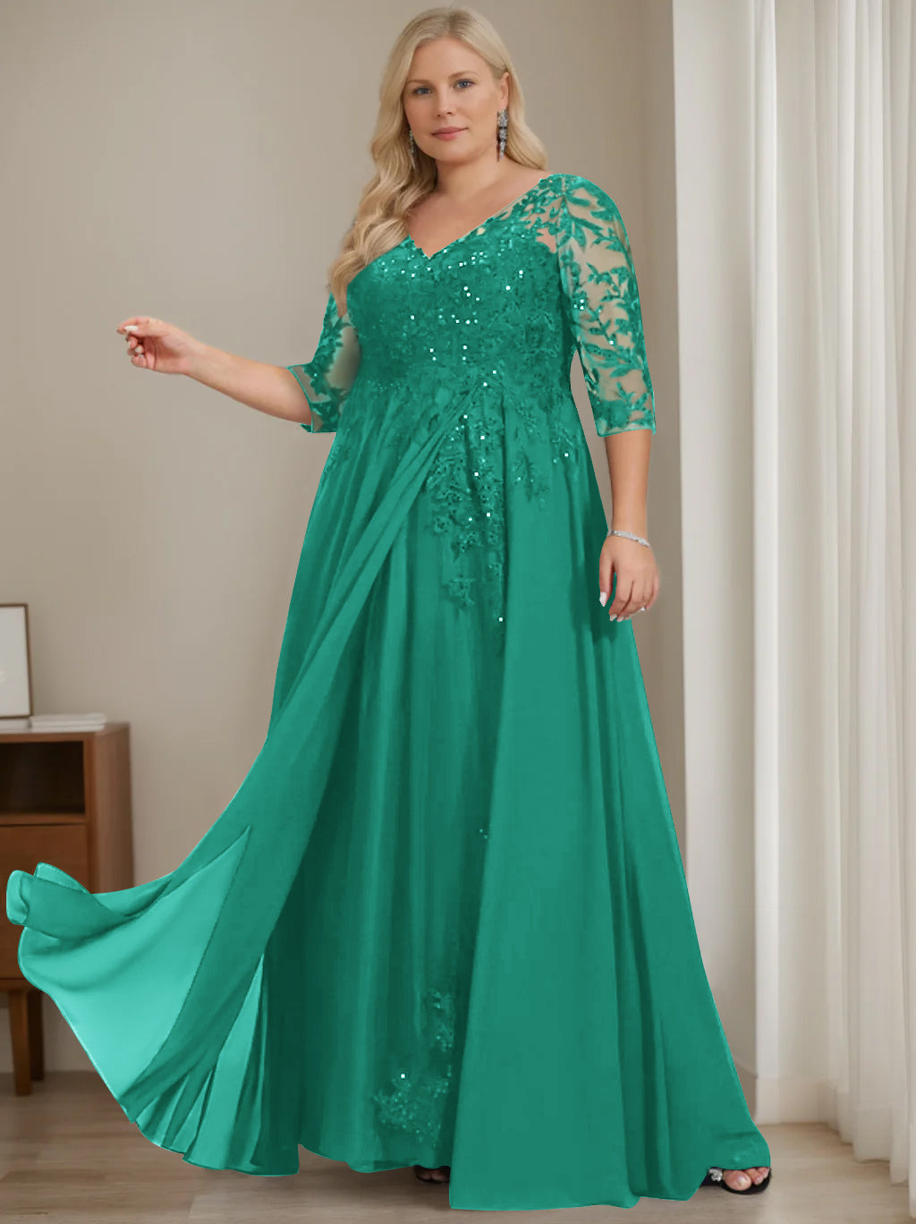 A-Line/Princess V-Neck Half Sleeves Floor-Length Plus Size Mother of the Bride Dresses with Sequins - Image 39