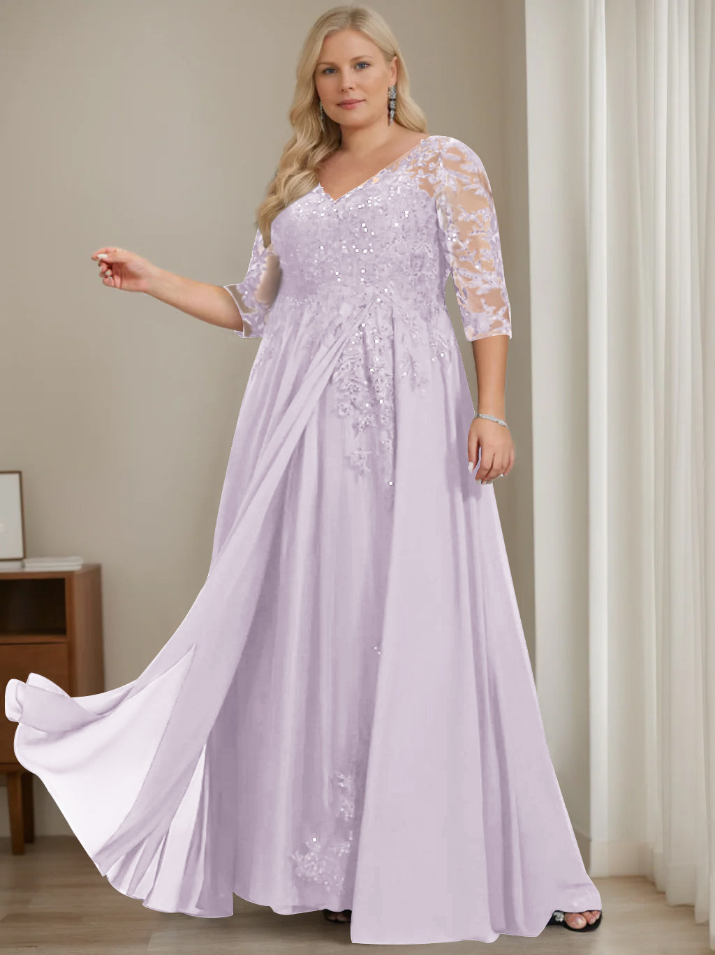 A-Line/Princess V-Neck Half Sleeves Floor-Length Plus Size Mother of the Bride Dresses with Sequins - Image 12