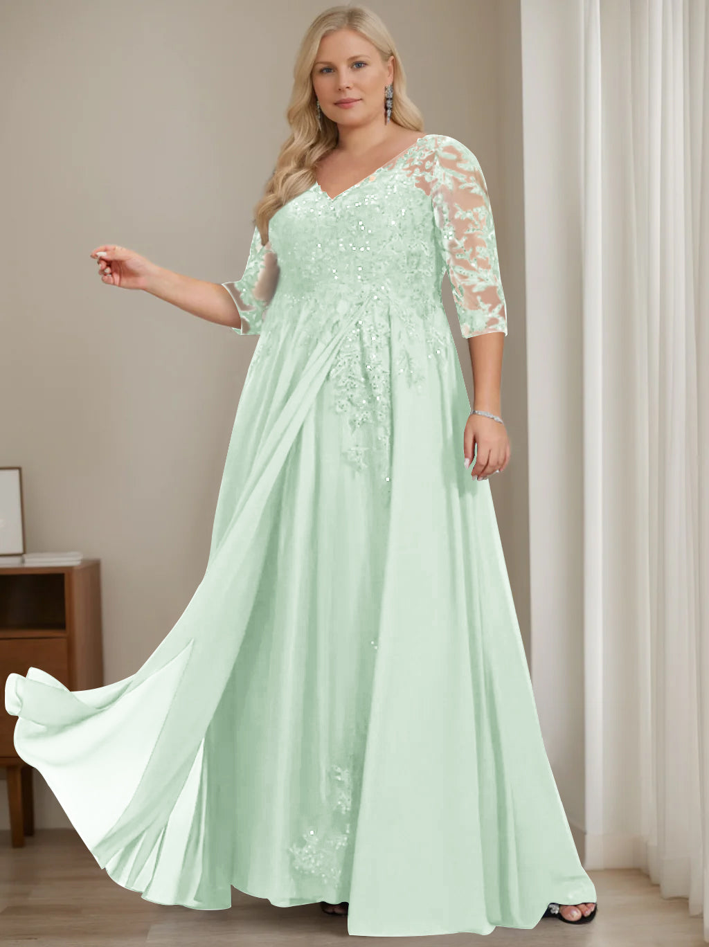 A-Line/Princess V-Neck Half Sleeves Floor-Length Plus Size Mother of the Bride Dresses with Sequins - Image 23