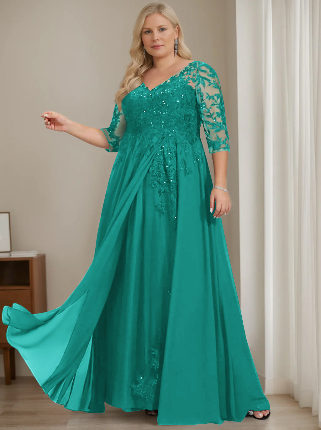 A-Line/Princess V-Neck Half Sleeves Floor-Length Plus Size Mother of the Bride Dresses with Sequins - Image 45