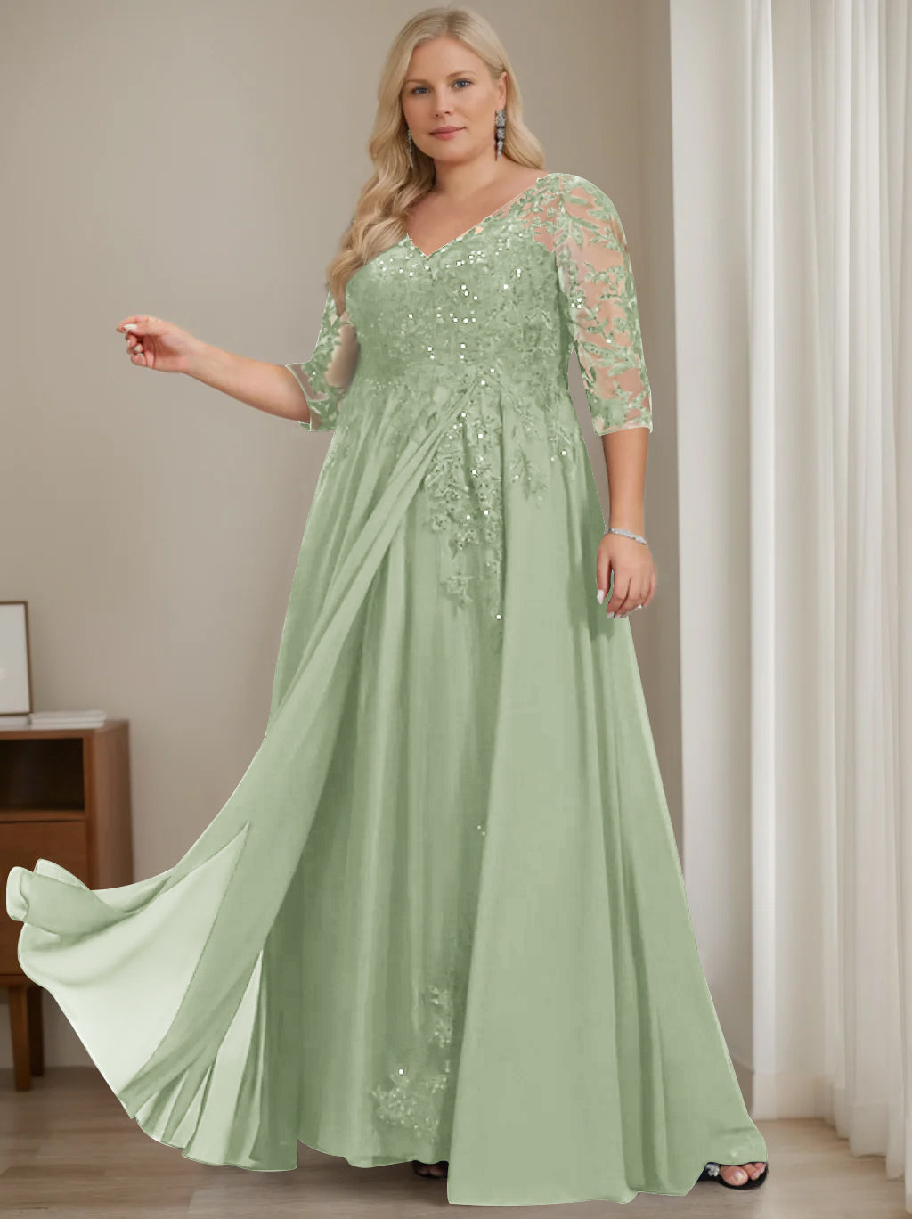 A-Line/Princess V-Neck Half Sleeves Floor-Length Plus Size Mother of the Bride Dresses with Sequins - Image 17