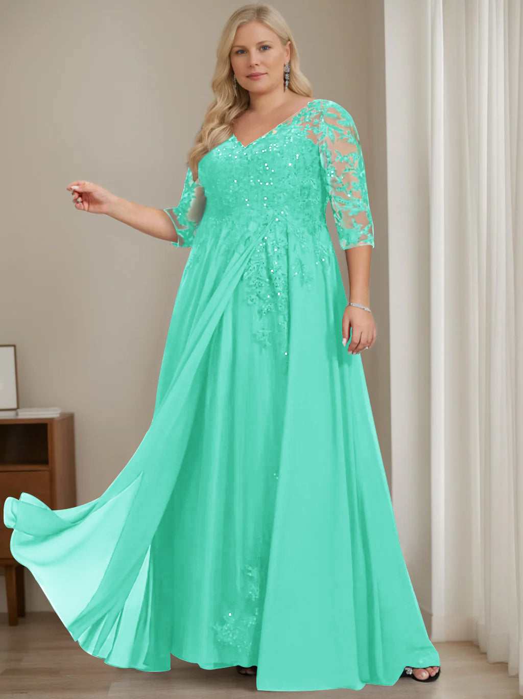 A-Line/Princess V-Neck Half Sleeves Floor-Length Plus Size Mother of the Bride Dresses with Sequins - Image 48