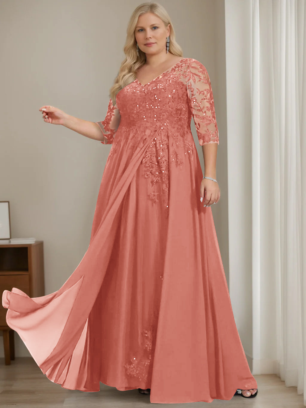 A-Line/Princess V-Neck Half Sleeves Floor-Length Plus Size Mother of the Bride Dresses with Sequins - Image 51