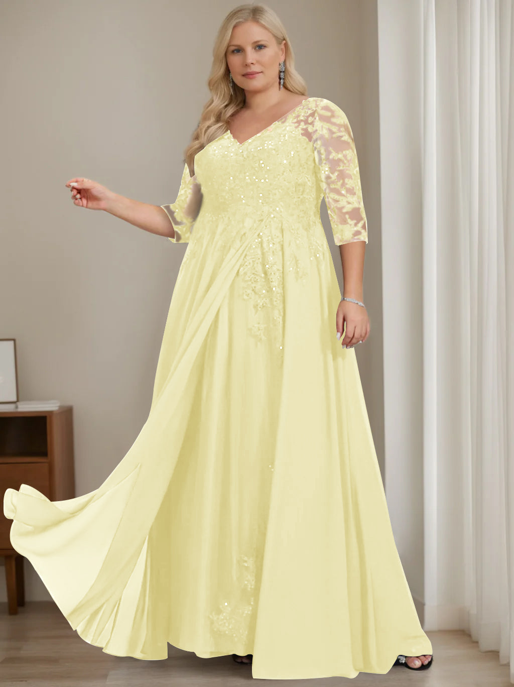 A-Line/Princess V-Neck Half Sleeves Floor-Length Plus Size Mother of the Bride Dresses with Sequins - Image 18
