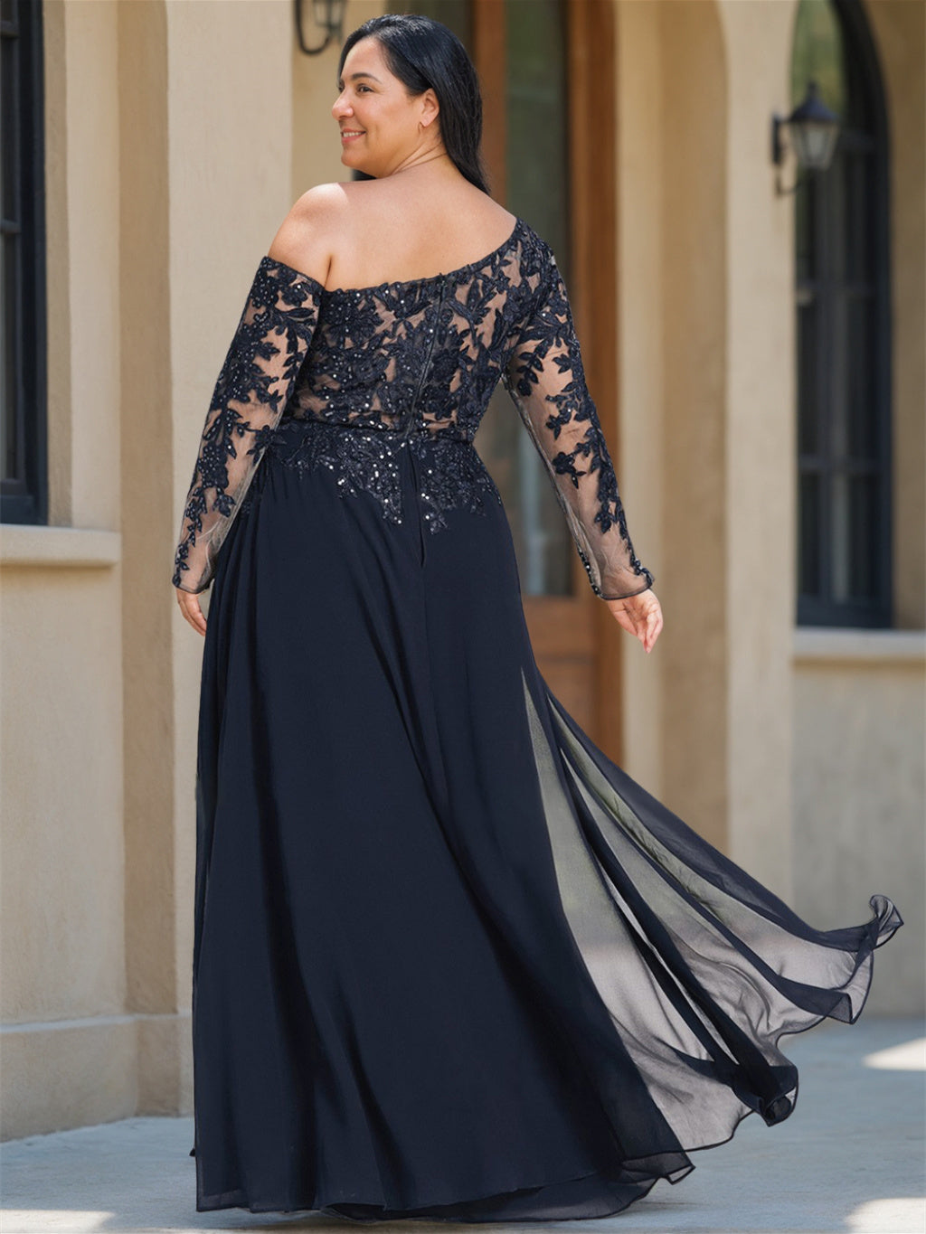 A-Line/Princess One-Shoulder Long Sleeves Floor Length Plus Size Mother of the Bride Dresses with High Split - Image 2