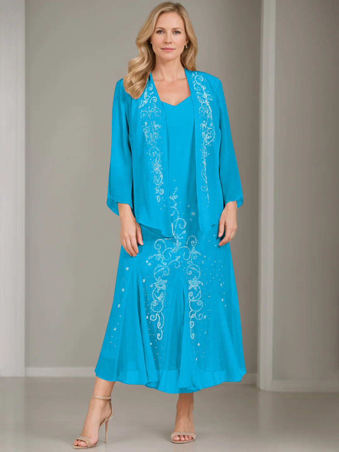 A-Line/Princess 2 Pieces V-Neck Tea-Length Plus Size Mother of the Bride Dresses with Jacket & Sequins - Image 54