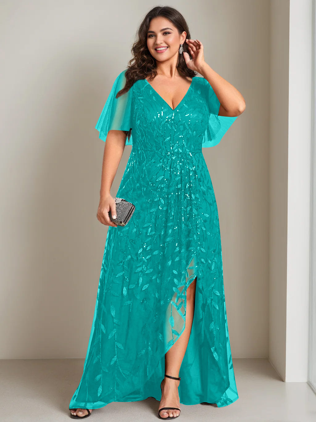A-Line/Princess V-Neck Short Sleeves Asymmetrical Plus Size Mother Of The Bride Dresses with Sequins - 画像 (40)
