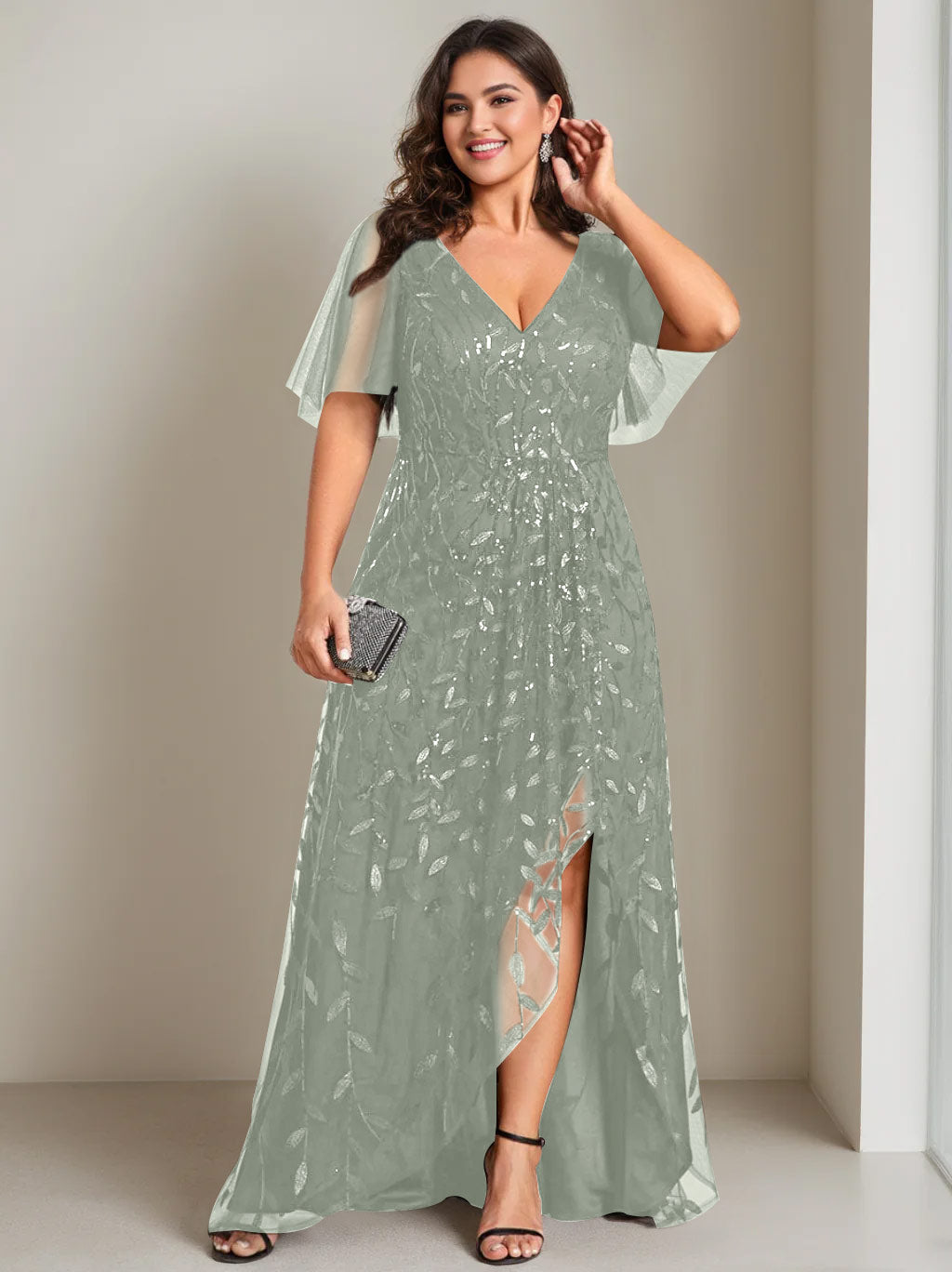 A-Line/Princess V-Neck Short Sleeves Asymmetrical Plus Size Mother Of The Bride Dresses with Sequins - 画像 (44)
